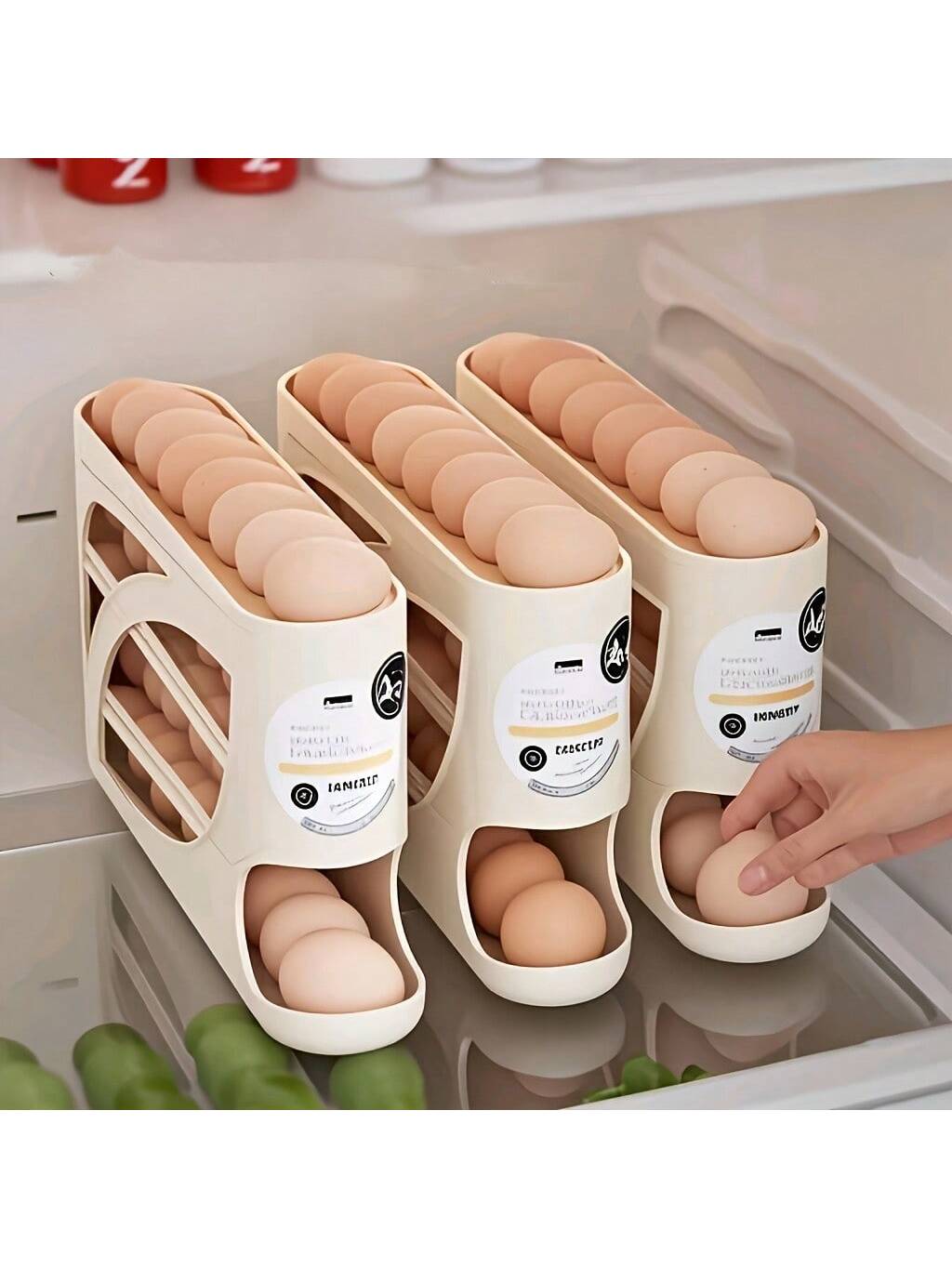 4-layer Rolling Egg Rack with Side Door Design for 30 Eggs Smooth Shiny Surface Convenient Handle Modern Kitchen Accessories Durable Plastic Material