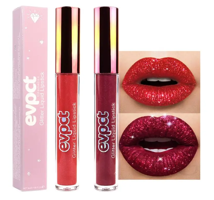 2Pcs Red Glitter Metallic Shimmer Diamond Lipstick Lip Gloss Stain Set for Women Long Lasting Waterproof, Dark Hot Bright Red Sparkle Glitter Matte long wear Liquid Lipstick Lip Makeup Kit