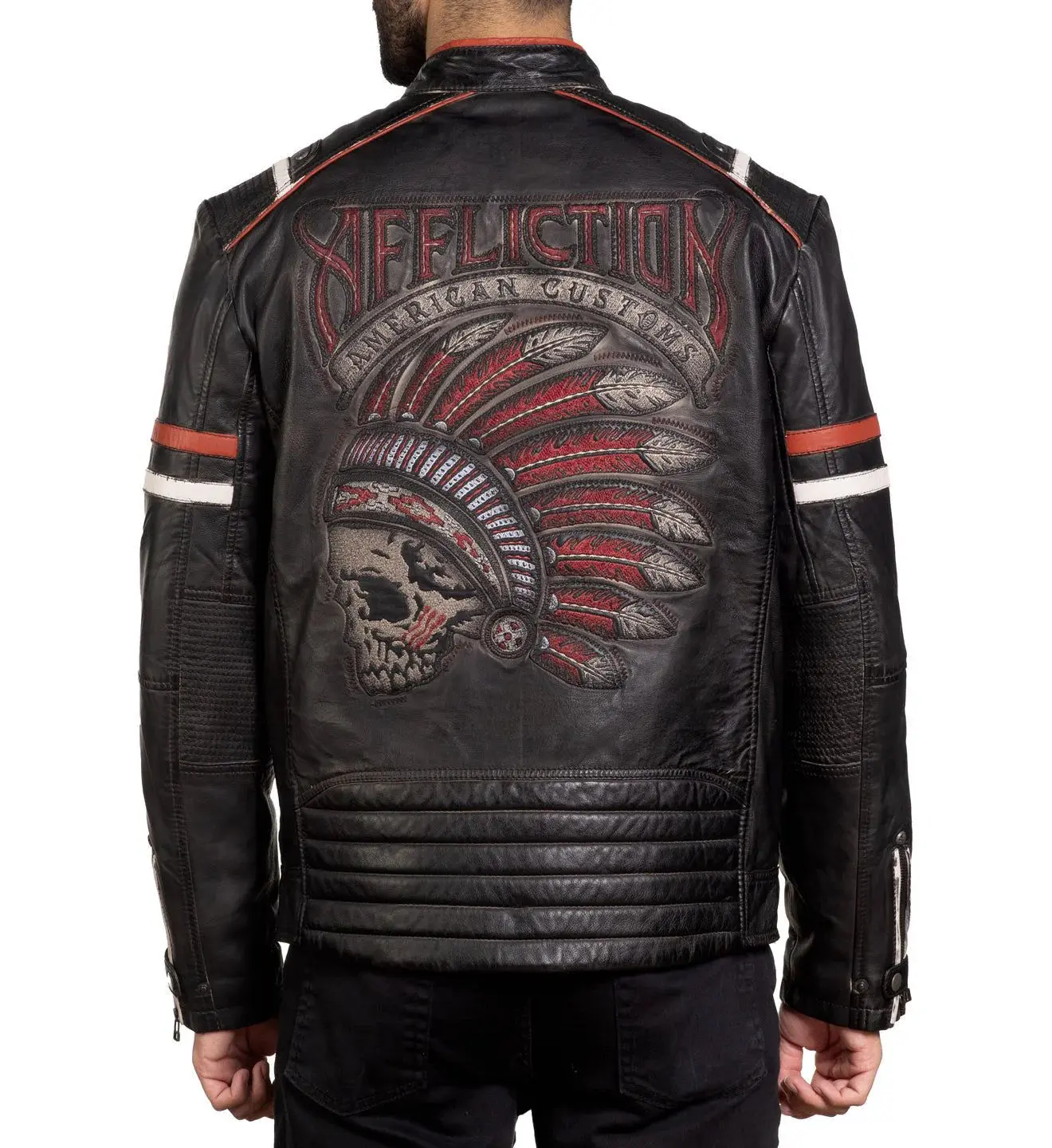 Affliction Men's Dakota Genuine Leather Moto Jacket - American Customs Embroidered Menswear Top with Zip Vents, Pouch Pockets, Zipper, Fabric, Casual Wear