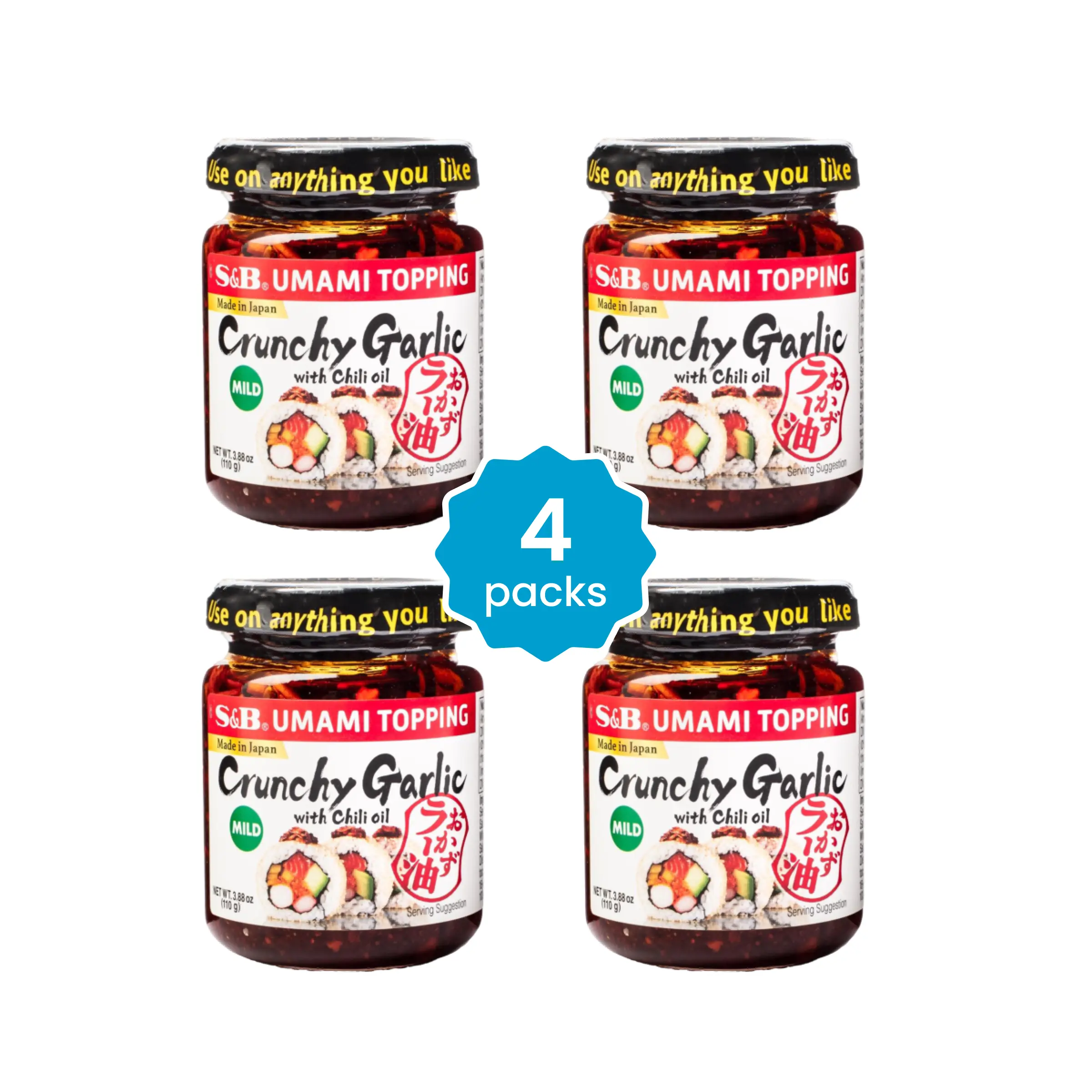 S&B Umami Topping Japanese Condiment Value Pack - 4 Packs (3.88 oz x 4), Crunchy Garlic, Chili Oil, Mild or Spicy Flavor, Ambient Cooking Staple, Spicy Sauces