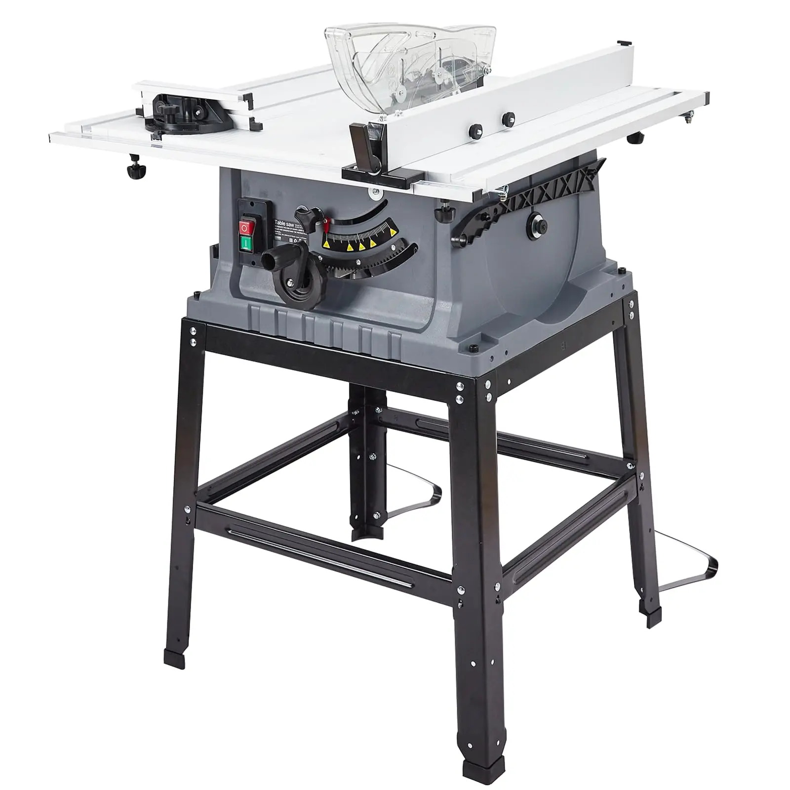 GARVEE 10-in Wood Cutting Machine, 15A Motor Table Saw with 5000 RPM, Carbide Saw Blades, Push Stick, 0-45° Bevel/90° Cuts, Metal Stand & Transparent Guard for Outdoor Woodworking (Professionals)