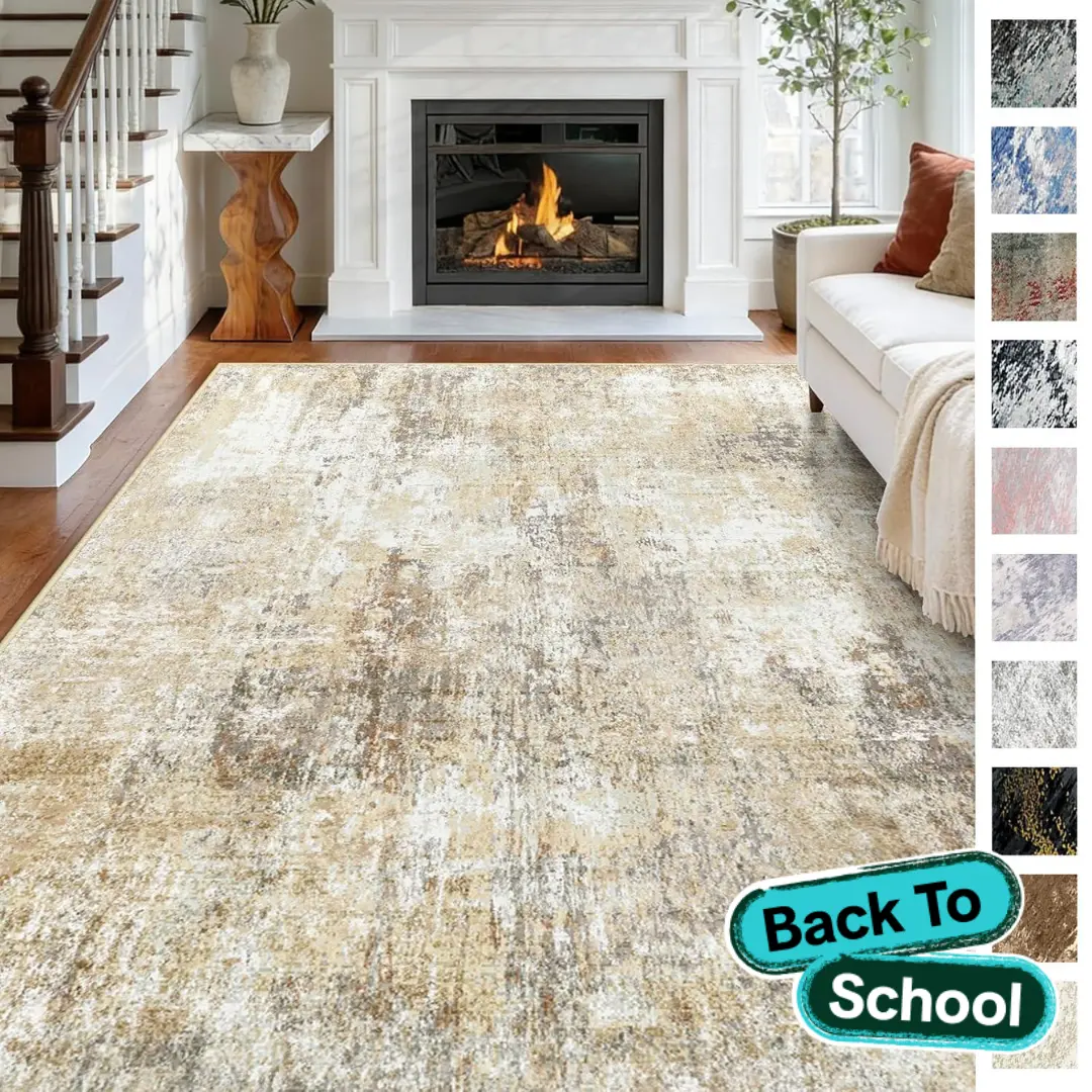 BESTSWEETIE Neutral Washable Rectangle Area Rug - Large Modern Boho Faux Wool, Non-Slip, Low-Pile, Water Resistant, Distressed Abstract Carpet for Living Room, Entryway, House Decor, Rugs For Bedroom