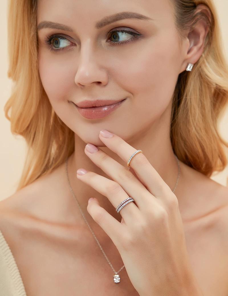 EAMTI 2mm 925 Sterling Silver Wedding Band Cubic Zirconia Half Eternity Stackable Engagement Ring