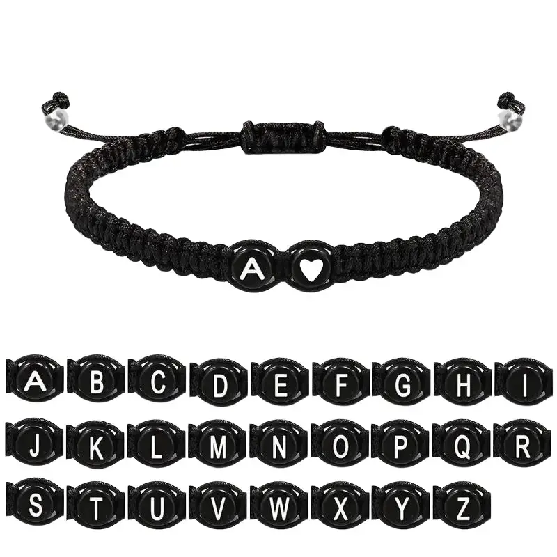 26 Letters Woven Bracelet Black White Heart shape Matching Couple Bracelets for Men Women Daily Casual Wear Perfect Gift