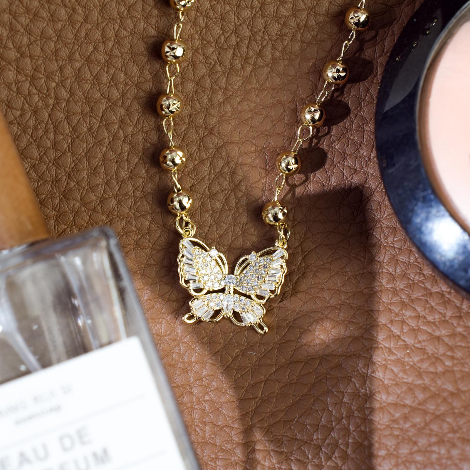 MEIITRUE 14K Gold Plated Butterfly Pendant Necklace for Women, Tri-Color Bead Rhinestone Necklace for Daily Party, Trendy Jewelry Gift