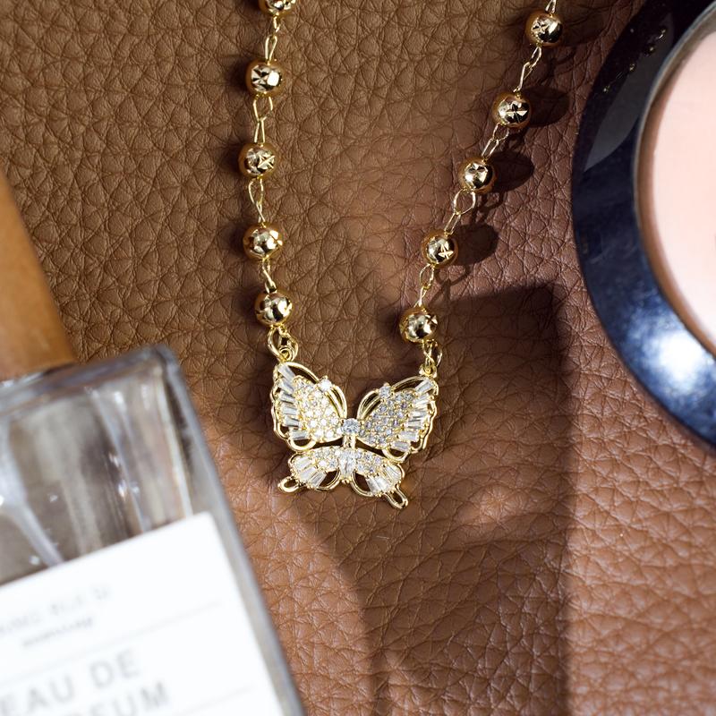 MEIITRUE 14K Gold Plated Butterfly Pendant Necklace for Women, Tri-Color Bead Rhinestone Necklace for Daily Party, Trendy Jewelry Gift