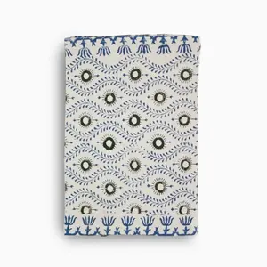 Hand Block Print Table Runner – White, Fern Green & Oxford Blue