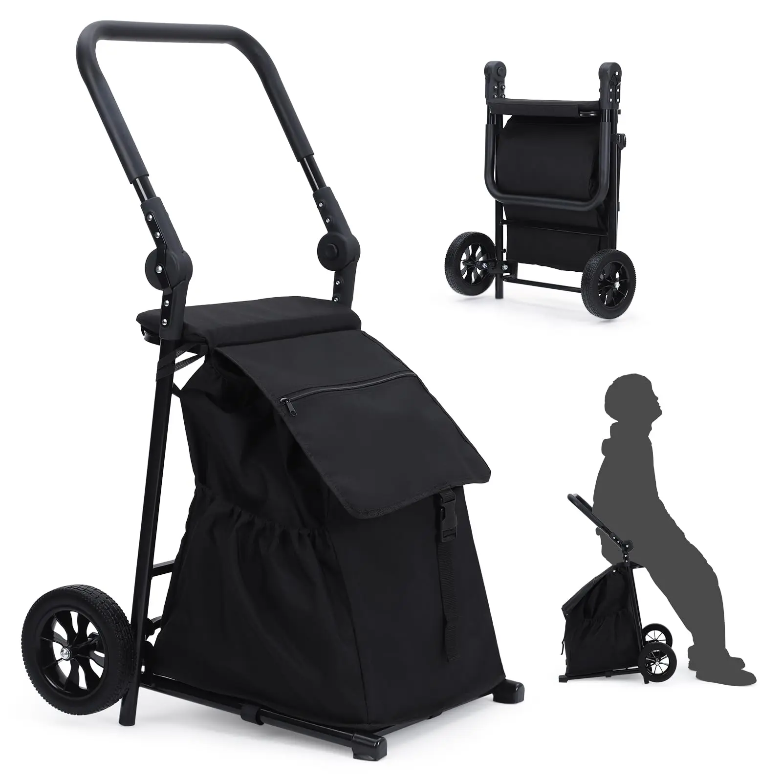 GARVEE 2-in-1 Foldable Shopping Cart with Seat Rest for Adults, 2-Wheel Metal Frame Compact Trolley, 123L Waterproof Bag, 132 lbs Load Capacity Portable Utility Cart, Black, Folding Wagon