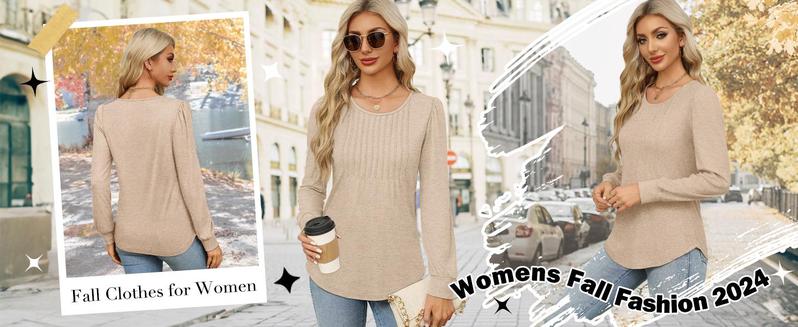 WIHOLL Fashion Crewneck Pleated Tunic Tops for Women Soft & Breathable Long Sleeve Blouses Dressy Casual Wear with Leggings Ultra Soft Pleated Tunic Top for Fall Essential Chic Shirts