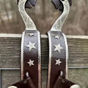 Pair Adult Size Brown Steel Western Spurs Engraved Silver Star Accents