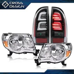 CROSSDESIGN Fit For 2005-2011 Toyota Tacoma Chrome Headlights & 3D LED Tube Bar Tail Lights