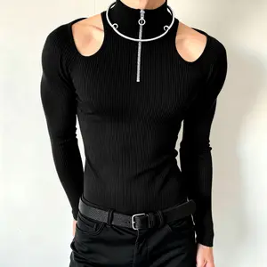 INCERUN Men's Autumn Gothic Punk T-shirt Ribbed Knit Metal Ring Zipper Cold Shoulder Long Sleeve Slim Top