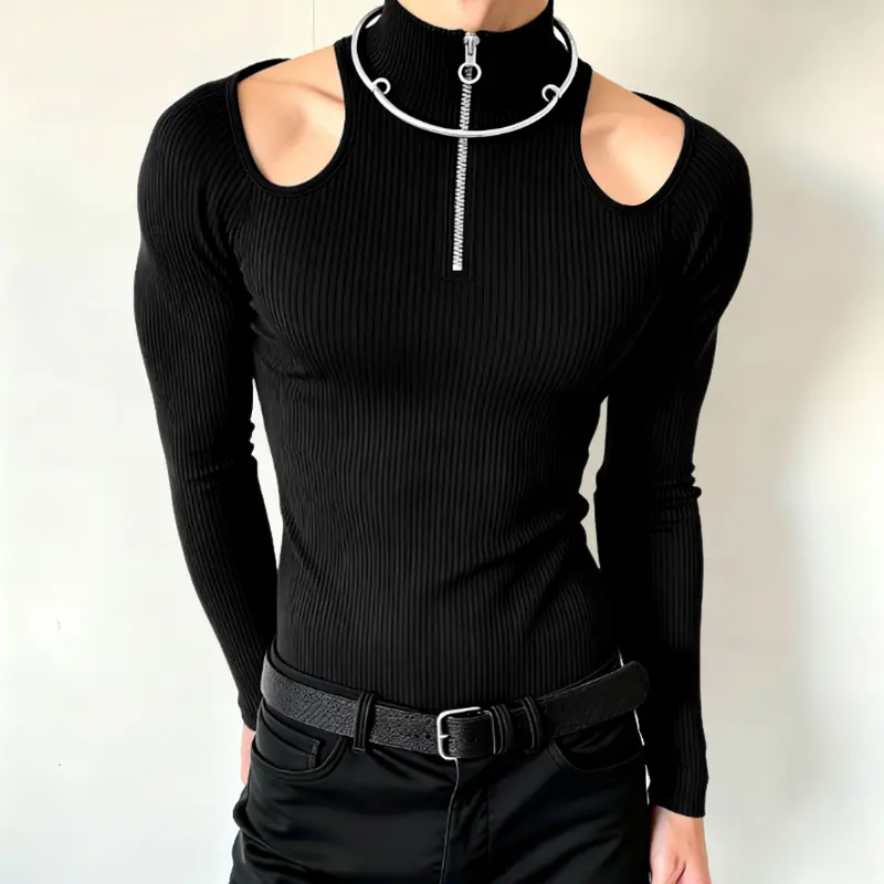 INCERUN Men's Aesthetic Gothic Ribbed Knit Pullover, Slim Fit Long Sleeve Mock Neck with Cold-Shoulder Cutouts and Metal Ring Zipper, Knitwear, Streetwear, Longsleeves