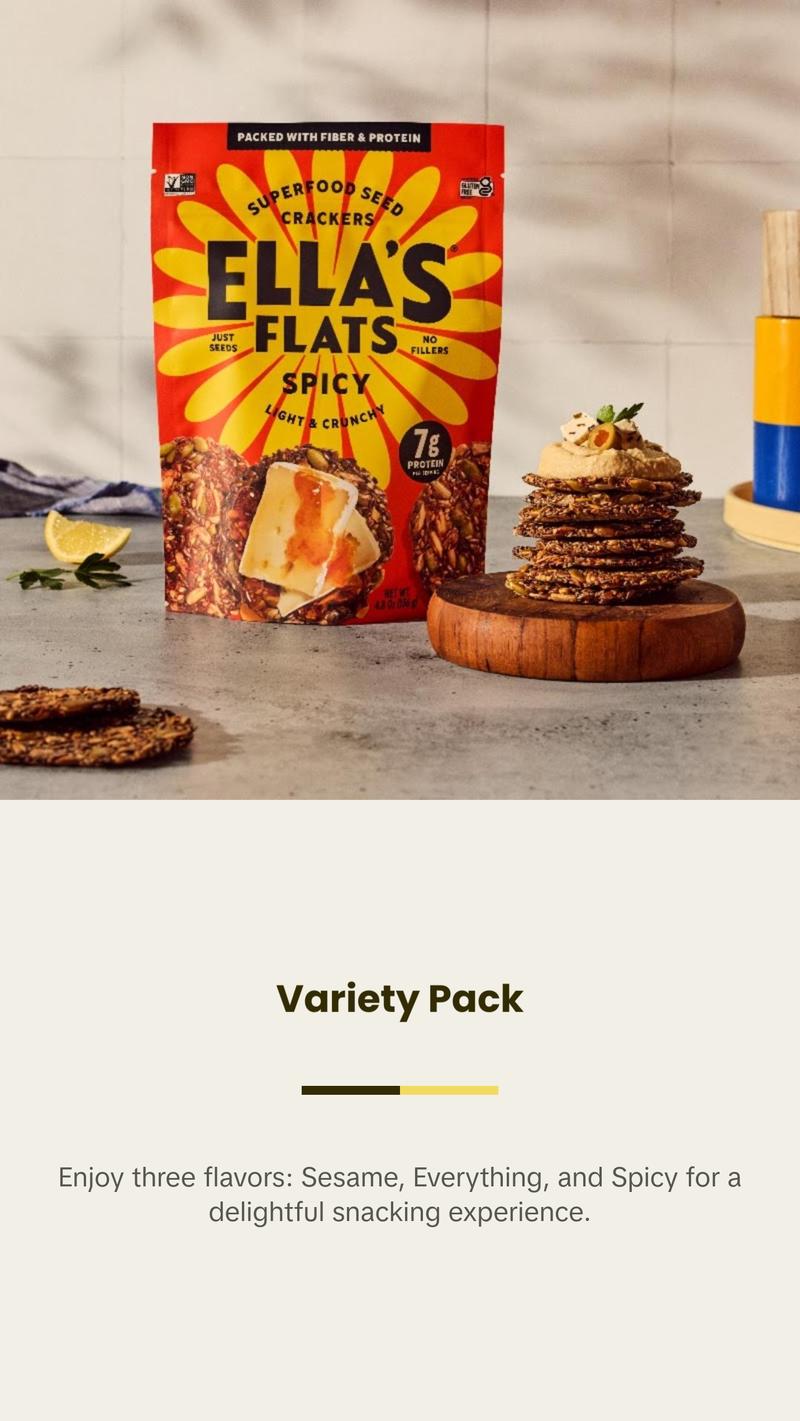Ella's Flats  Tasty Variety 3-Pack | Sesame |  Everything | Spicy | 4.8oz | Light & Crispy Sesame Seed Crackers Snack Fiber