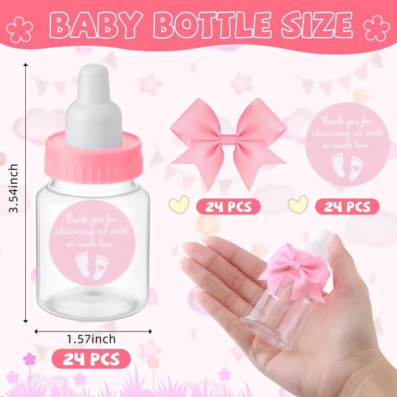 24/48 Pcs Baby Shower Prize Mini Baby Bottles Chug Plastic Milk Bottles Candy Baby Bottles with Thank You Showering Stickers and Bows Thank You Gifts for Guests,Birthday Party Baby Shower Favors Gift