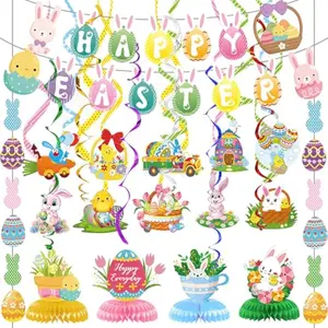Easter Decorations for Home Decor - 47Pcs Danner Kit, Happy Easter Banners with 3D Bunny Backdrop for Photography Birth Party Favors for Class Office Ceiling Decor Yard Garden Outdoor