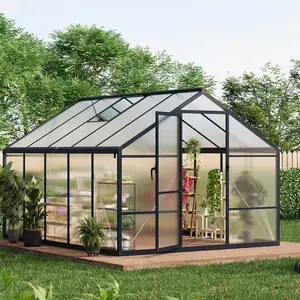 8x10ft Greenhouse Aluminum Greenhouse for Outdoors with Roof Vent, Lockable Outward-Opening Swing Door, Heavy-Duty Polycarbonate Walk-in Green House for Garden, Backyard, Patio, Lawn, Dark Grey