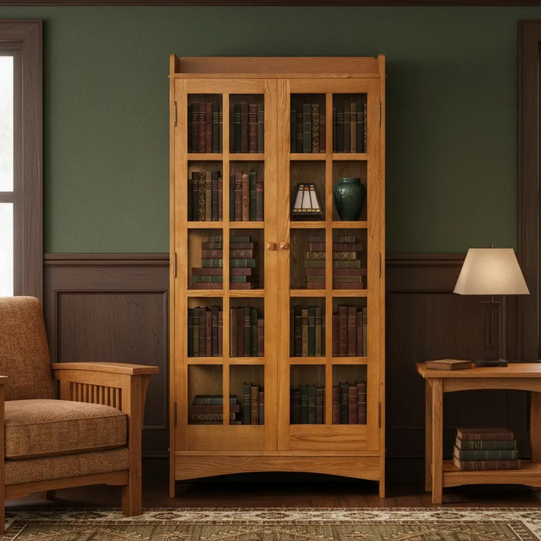 Mission Oak Display China Cabinet - 39W x 15D x 78H Freestanding Indoor Storage, Arts & Crafts Michael's Cherry Stain, Glass Doors Bookshelf with Doors, Fixed Shelves & Rack, Large Bookshelf Living Room Furniture, Library-Themed Living Room Furniture