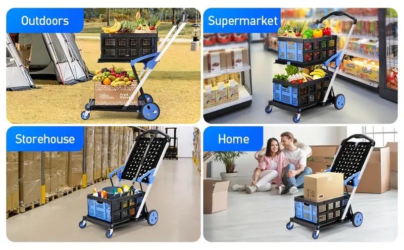 Collapsible Shopping Cart - 2-Tier Multi-Use Functional Portable Folding Food Cart with Wheels & Removable Basket Carries,2 baskets included, Adjustable Foldable rolling trolley for home, grocery, supermarket. Lightweight, BlackFriday