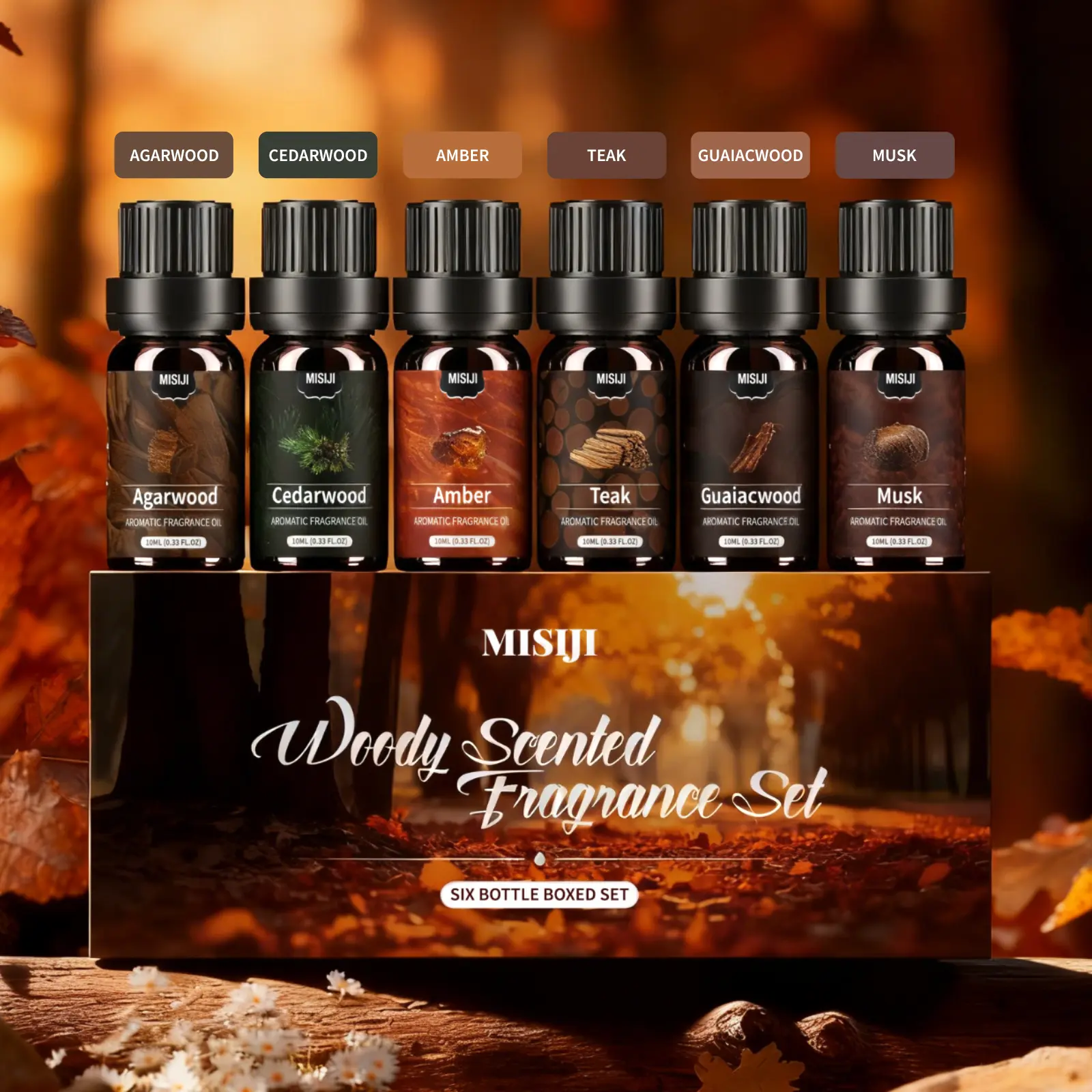 MISIJI Nature Woody Essential Oils Set (6 Bottles x 0.34oz) - Natural Fragrance for Home Humidifiers, Soap Making - Sandalwood, Agarwood, Black Cedar & Juniper, Teak, Cypress, Pine - Ideal Women's Gift for Summer, Autumn (Boxed), Scent