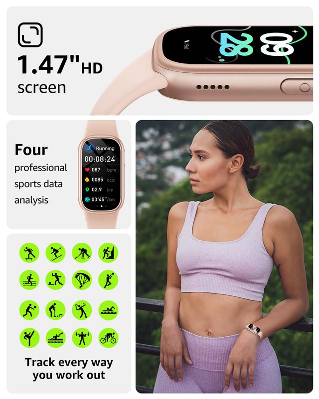 Fitness Tracker (Answer/Dial Call), Smart Watch with 1.47" HD Touch Display, 130+ Sport Modes Activity Tracker with Sleep Monitor, IP68 Waterproof Tracker for Android&iPhone Women Men