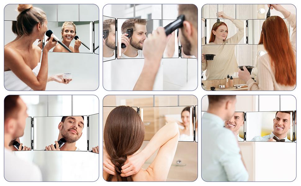USB Rechargeable LED Makeup Mirror 3 Way 360 Trifold LED Mirror For Hair Cutting Wall-Mounted With Adjustable Lights Ideal Gifts For Men Women