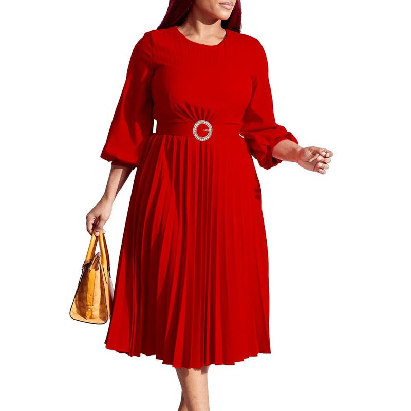 Women’s Pleated Midi Dress with 3/4 Puff Sleeves, Round Neck and Ring-Buckle Belted Waist, A-Line Silhouette with Back Keyhole — Elegant Choice for Work, Church & Wedding Guests