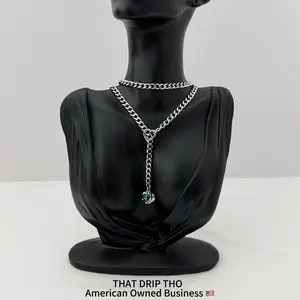 Heart Crystal Charm Slip Chain Jewelry Necklace, Adjustable Durable Thick Chain for Couples, Gf, Bf, Fashion Jewelry for Alternative Women & Men, Gothic Girl Chain Daily Collar, Altfashion Necklace with Pull Chain