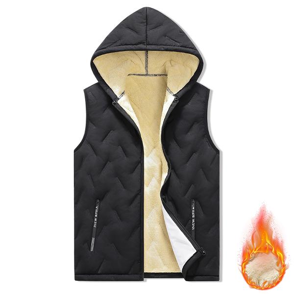 Men’s hooded sleeveless vest, thick fleece lining with stitched seams for heat retention, versatile vest-style design, a warm vest suitable for commuting, outdoor activities, and everyday wear.