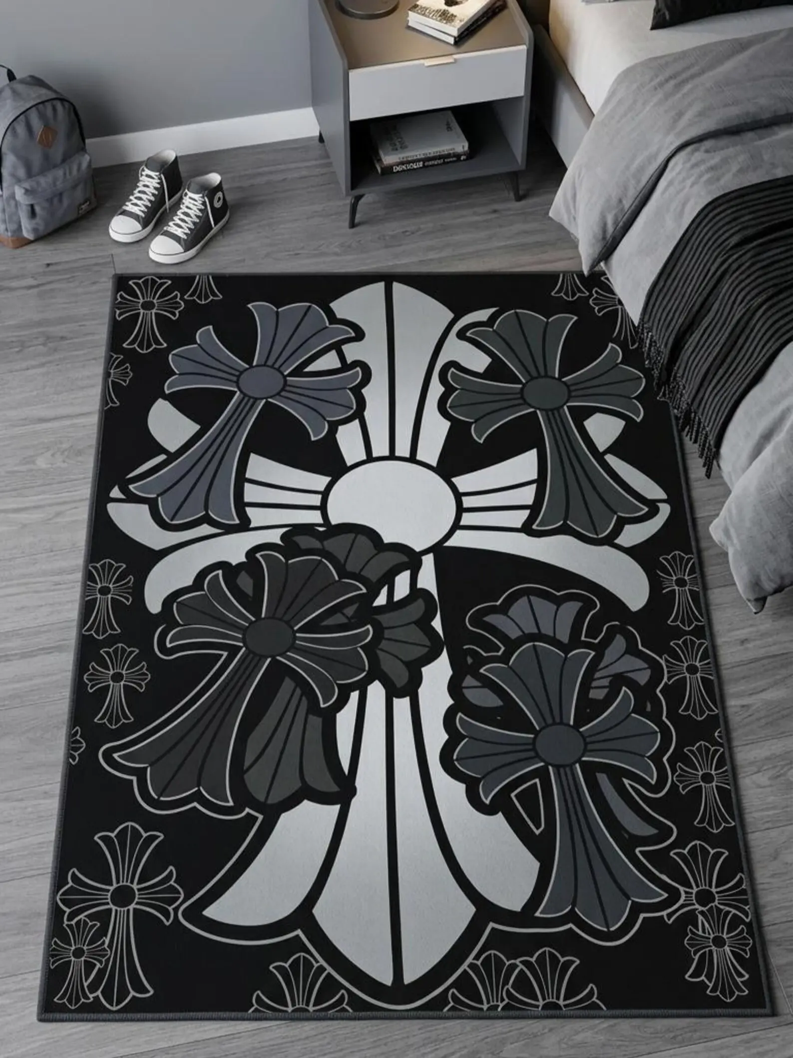 Stylized Gothic Cross Area Rug - Black Charcoal Silver Palette, Hypebeast Streetwear Themed Household Textile Decor