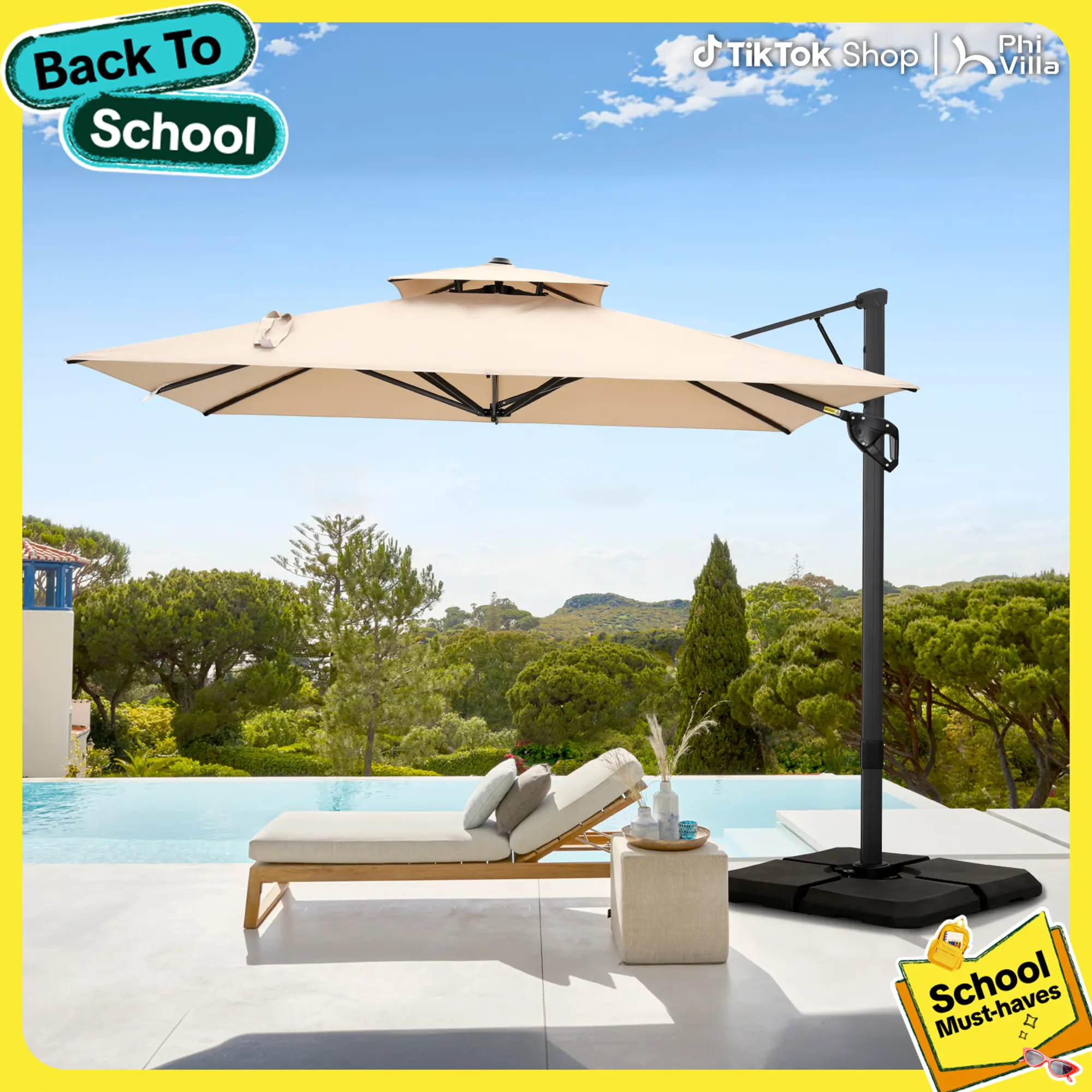 [2-Box] PHIVILLA 9*12 FT Cantilever Patio Umbrella with Weighted Base, 360° Rotation, Heavy Duty Hydraulic Double Umbrella Windproof for Outdoor Use