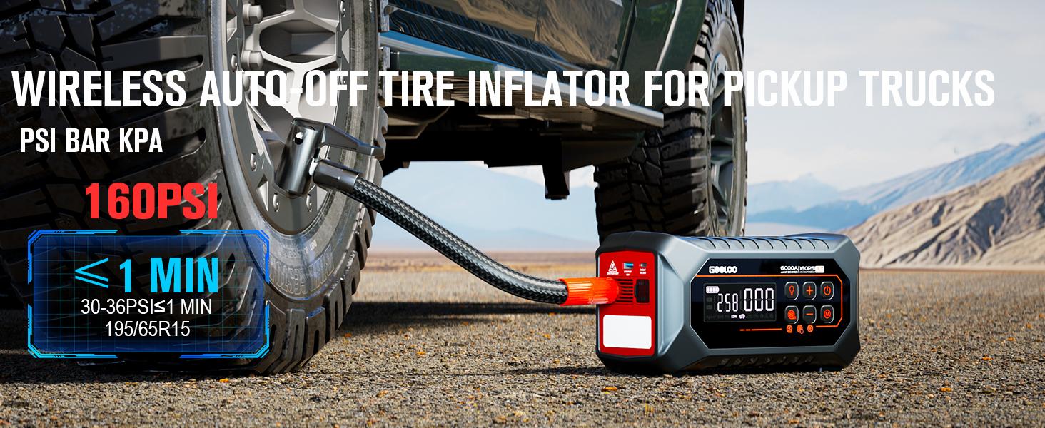 GOOLOO A7 10-in-1 6000A Car Jump Starter with Air Compressor (All Gas & 10 Disel), Multifunctional 160 PSI Smart Auto-Shutoff Tire Inflator & Portable Air Pump with Inflate 350L/min & Deflate 70L/min