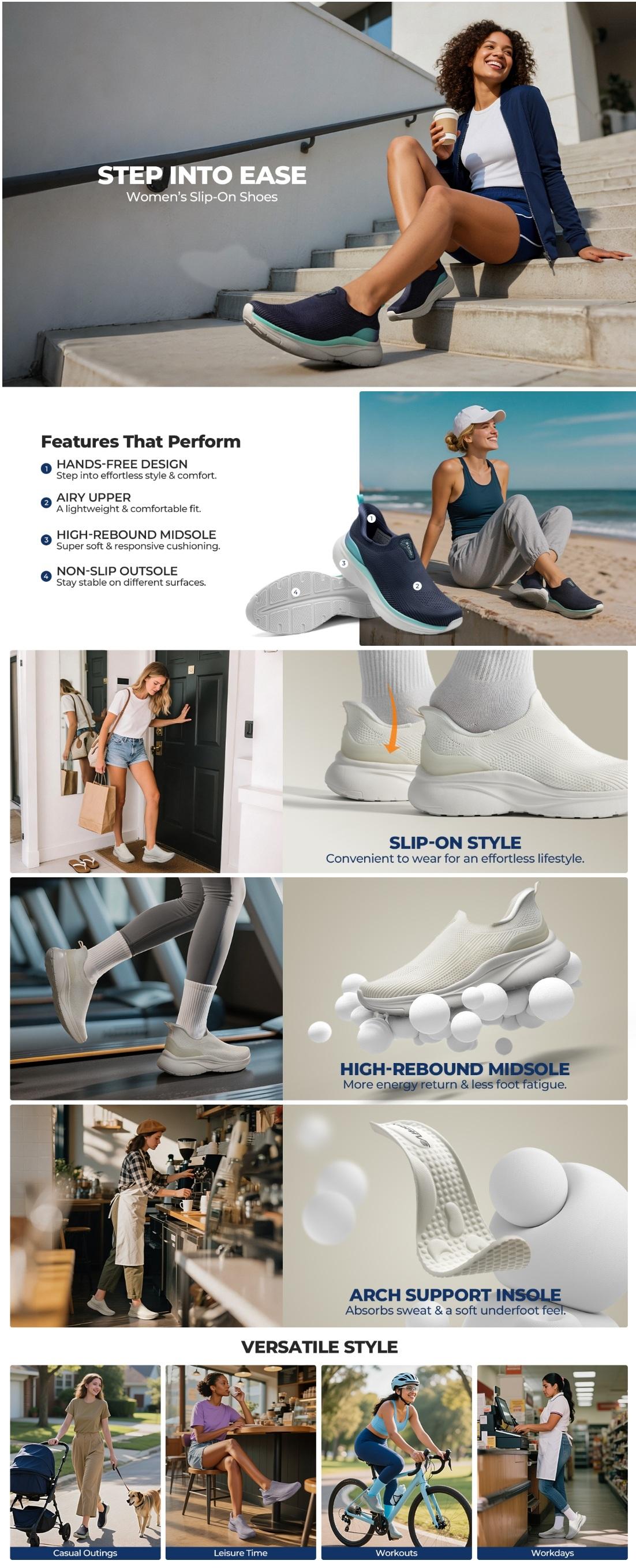 NORTIV 8 Women's Slip on Walking Shoes Hands Free Non-Slip Lightweight Gym Workout Casual Comfort Breathable Running Tennis SwiftSleek Fashion Sneakers