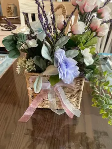 Spring Floral Arrangement, Pink Roses, Lavender, Wicker Basket Centerpiece