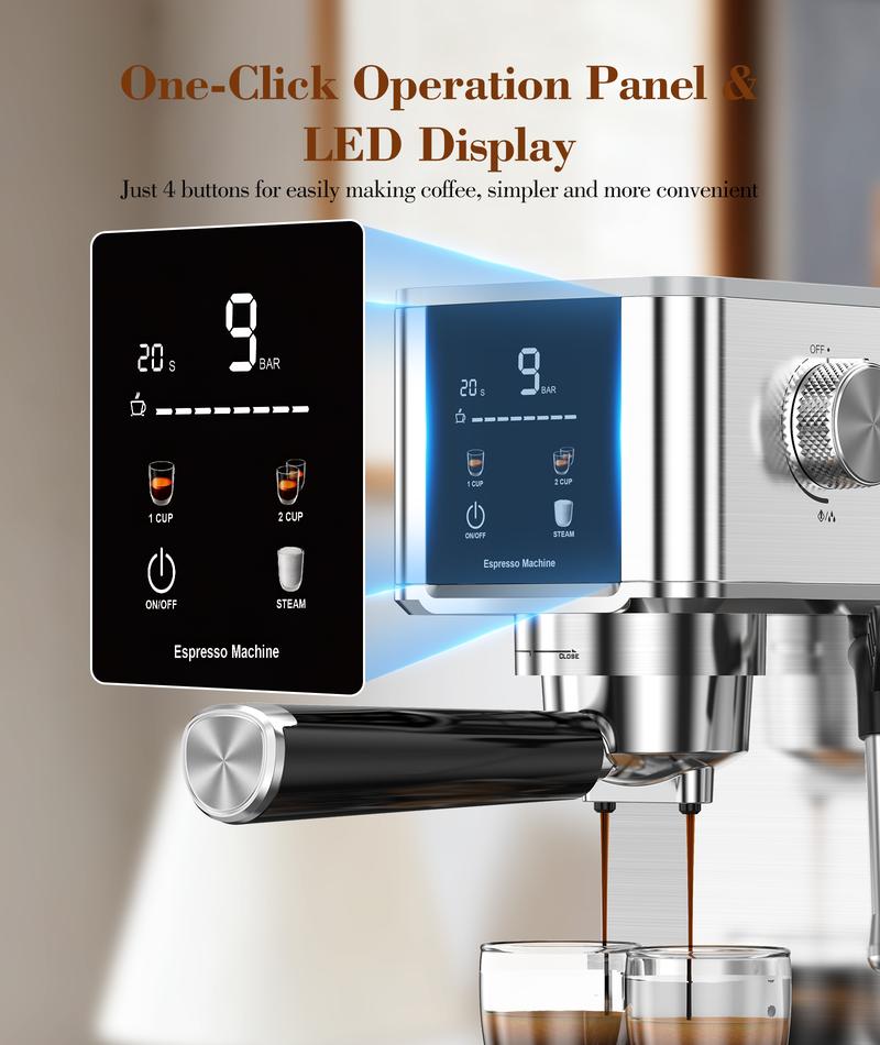 COWSAR 20 Bar High Pressure Stainless Steel Drip Coffee Maker with Touch Control Panel 1.2L Removable Transparent Water Tank for Residential Use
