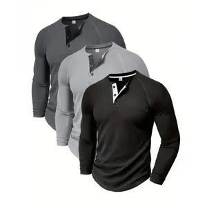 Men's Loose Solid Henley Shirt, Crew Neck Half Button Long Sleeve Shirt For Spring Fall Outdoor Activities