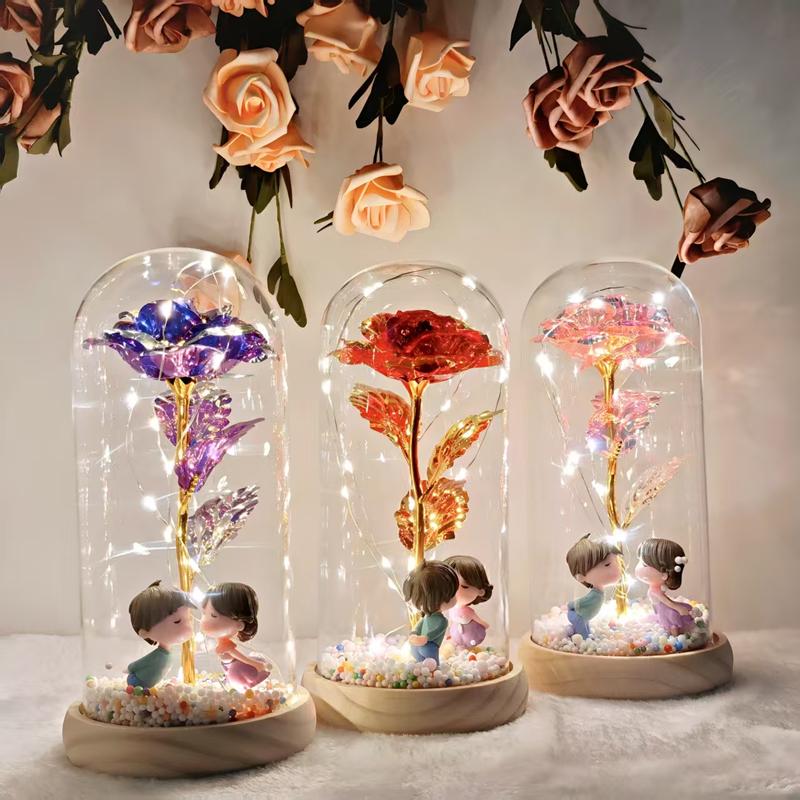 Artificial Roses withLED Lights in Clear Glass Storage Box Single Stem Home Party Decorations for Valentine's Day Christmas Festival
