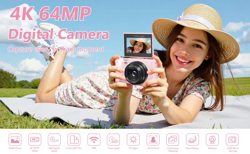 WIKICO Automatic 4K 64MP Autofocus Point & Shoot Digital Camera - Mini Vlogging Camera for Vloggers, WiFi, 32GB TF Card, 180° Flip Screen, Lanyard, Webcam Function, Batteries, Compact Beginner Travel Kit, Father's Day Gift (Mini Stuff That Actually Works)