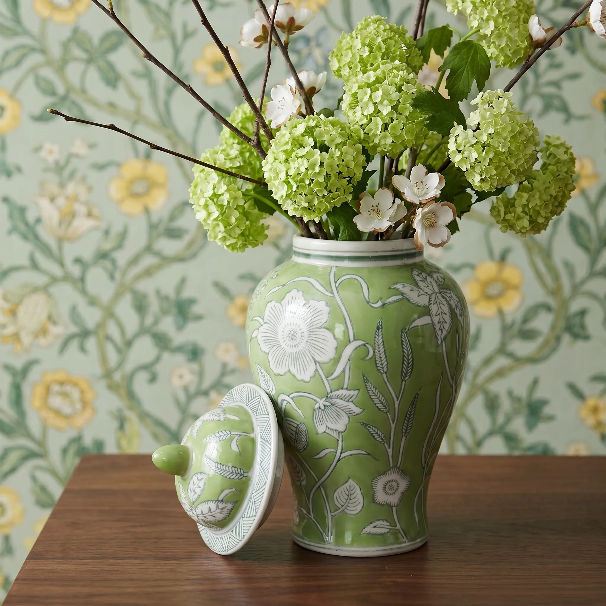 11″ Light Green Ginger Jar with Lid Porcelain Chinoiserie Hand-Painted Lotus Motif Floral Ginger Jars for Home Decor Temple Jar Ceramic Interior Design Living Room Decor Chinoiserie Vase