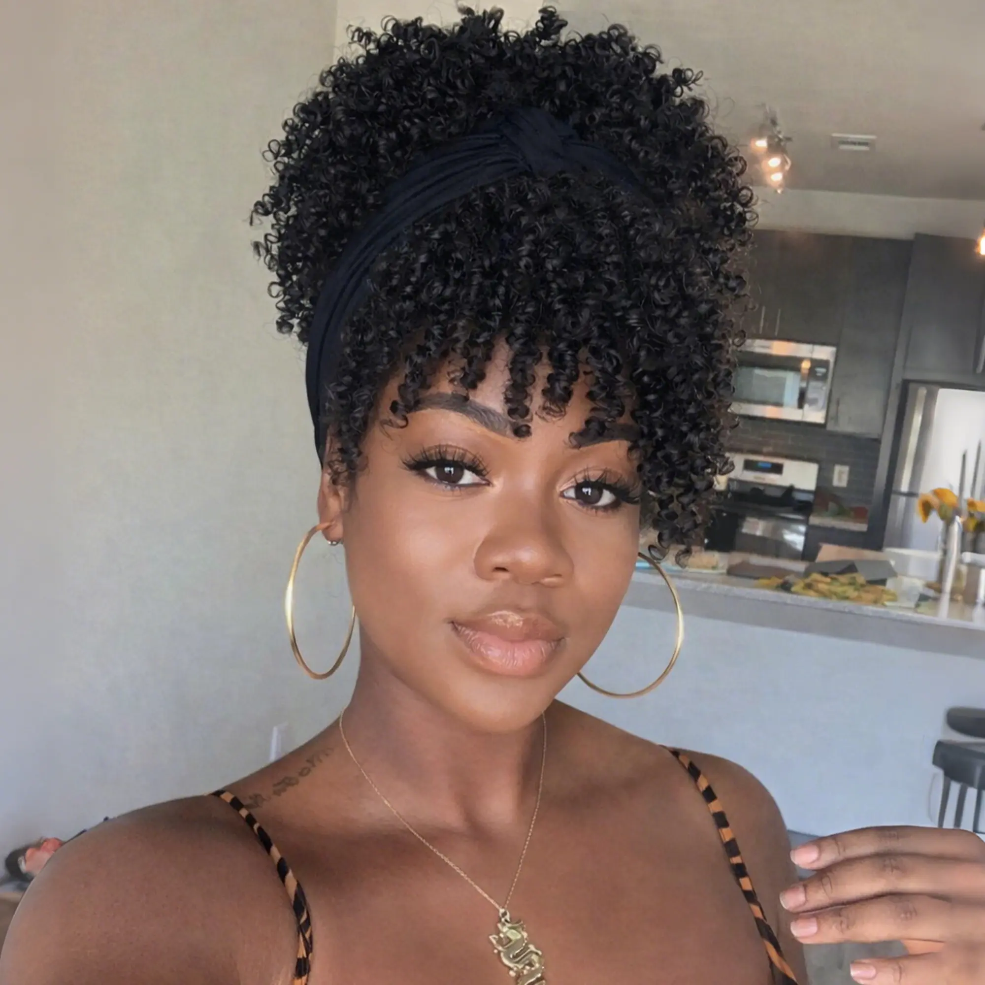 Afro Kinky Curly Headband Wigs with Bangs 2 in 1 Turban Wigs with Headband Attached Premium Heat-Resistant Fibers for Women wrap strap