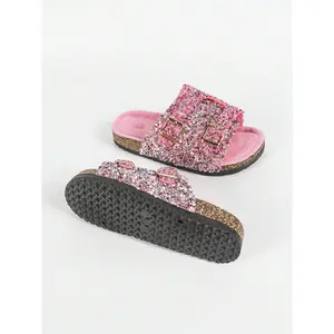 New Fluffy Pink Soft Plush Slippers, Casual Home Outdoor Beach Vacation Slip-On Flat Sandals With Rhinestone Decor Women Girl slippers slippers women