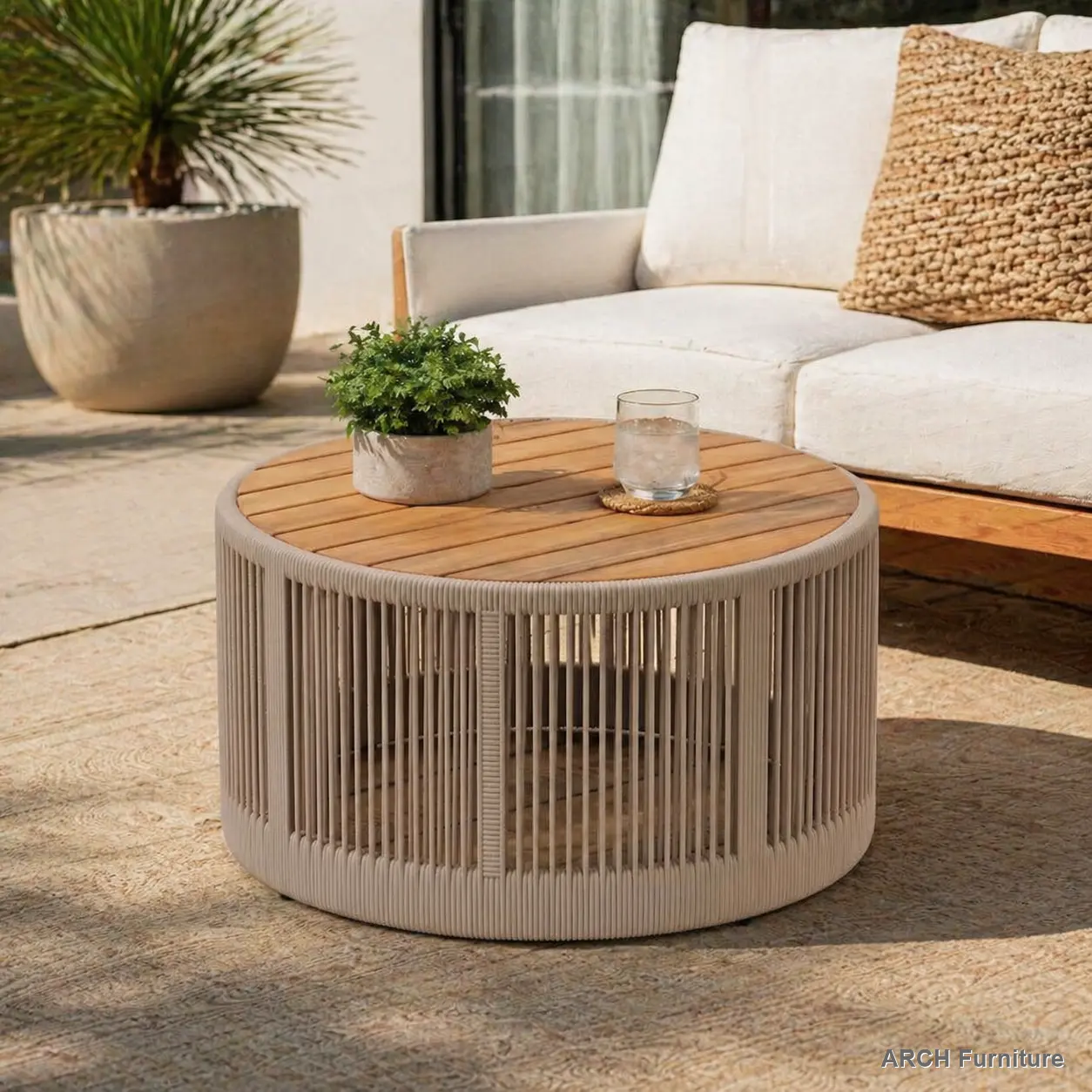 26" Diameter Rattan Rope & Acacia Wood Round Outdoor Coffee Table - Indoor Outdoor Table, Weatherproof Patio Furniture, Beige Rope, Natural Iron Frame, Natural Grain, Easy Setup - Ideal for Garden, Outdoor Coffee Tables