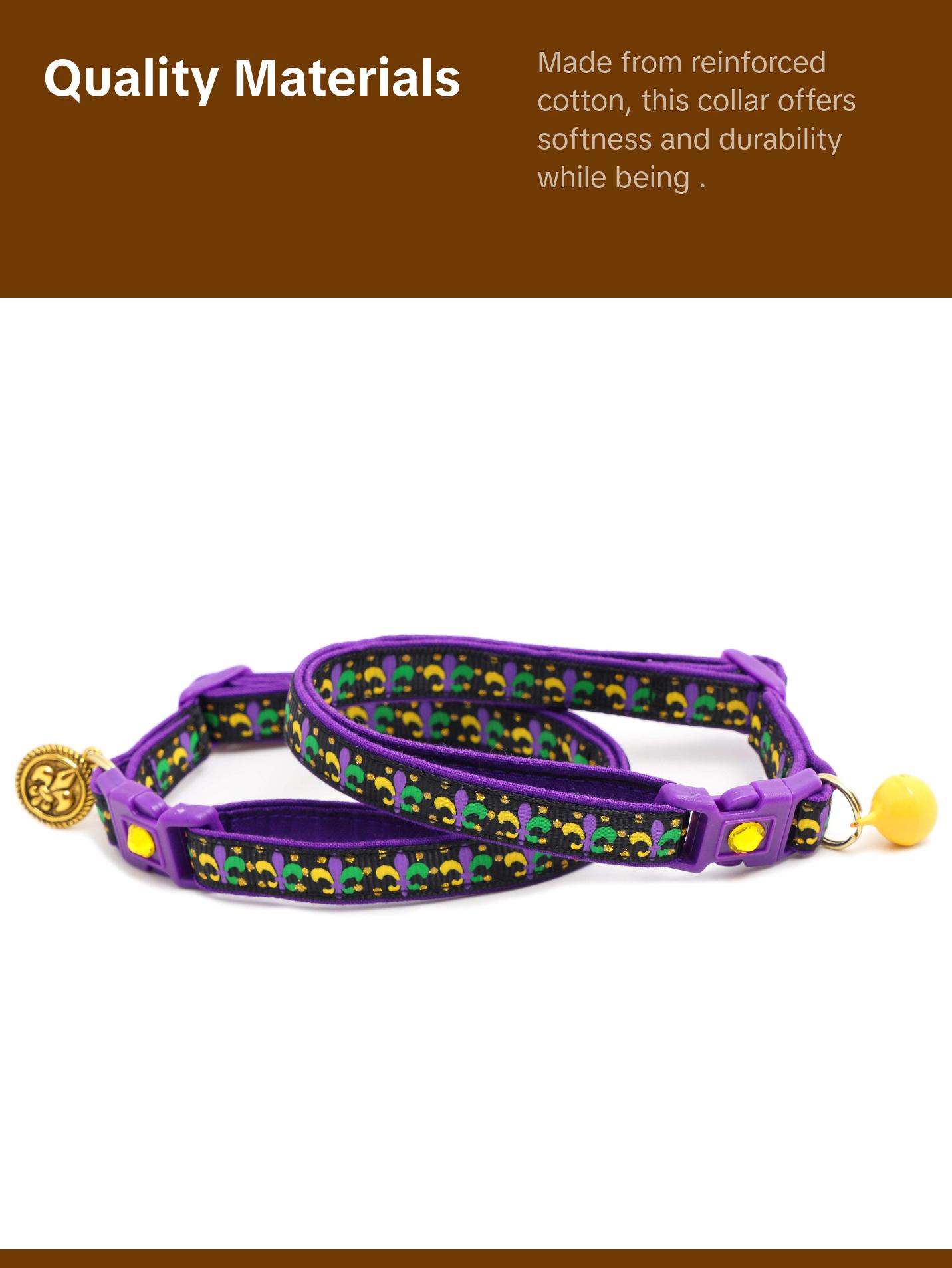 Fleur De Lys Breakaway Safety Cat Collar with Matching Jingle Bell & Charm by Pugs2Persians Mardi Gras New Orleans