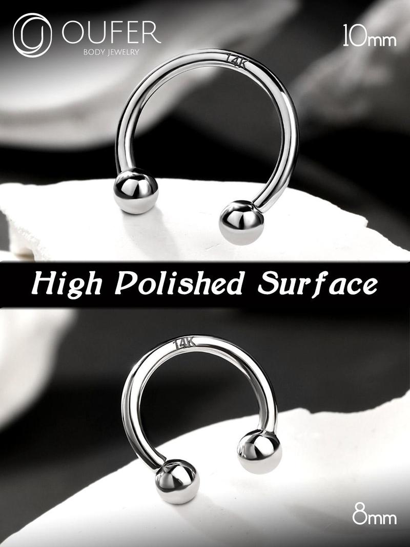 Oufer 14k Solid White Gold 16G Internally Threaded Ball End Horseshoe Septum Nose Piercing Ring -Classic Fit for Everyday Wear Inner Diameter 8mm 10mm