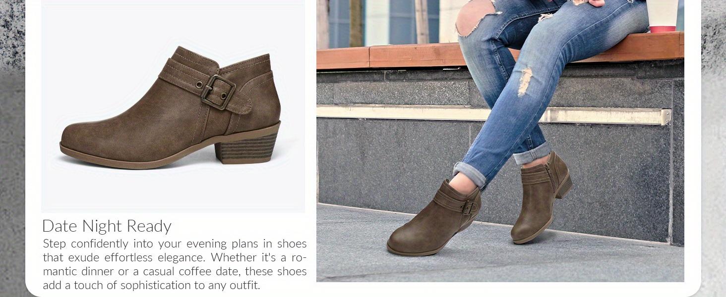 Comfortable Round-Toe Ankle Boots for Women with a Low Chunky Stacked Heel And Side Zipper.