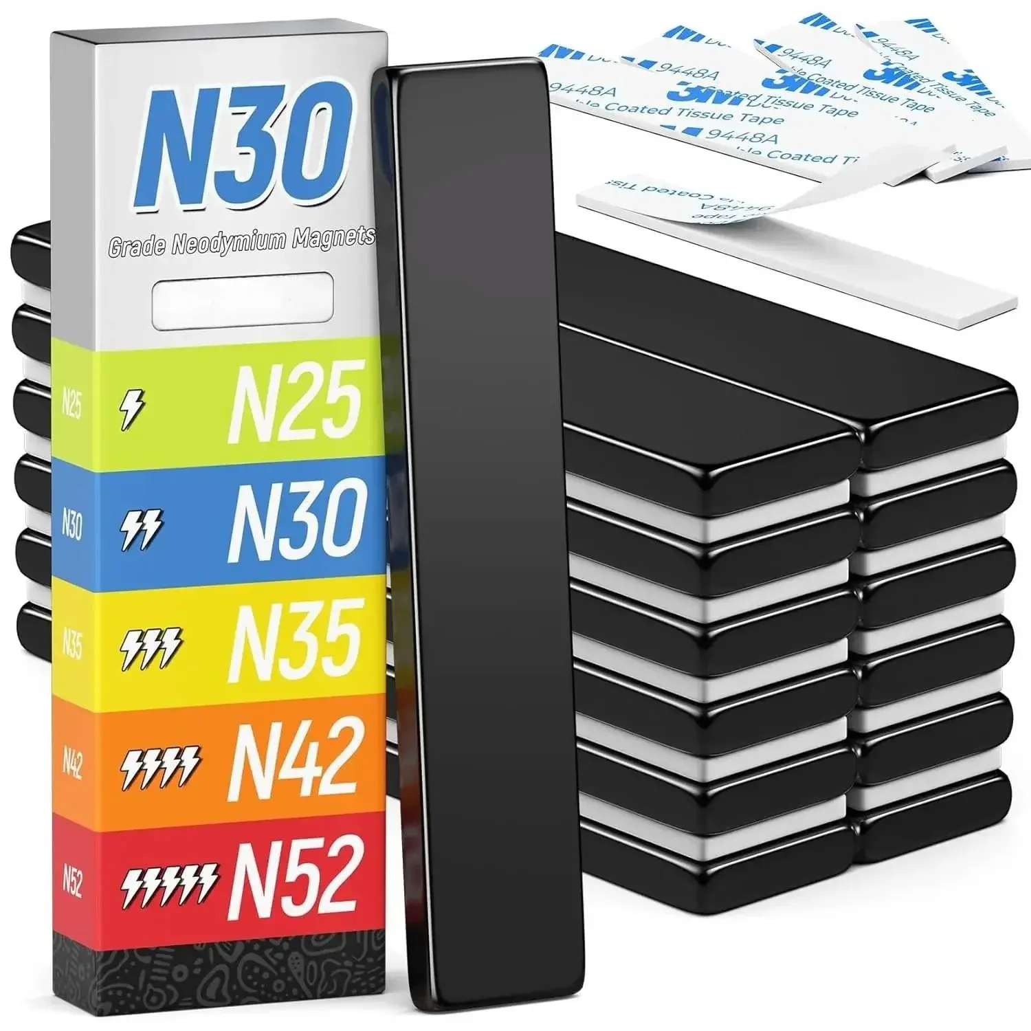 Powerful Rare Earth Neodymium Bar Magnets, 12Pack Strong Heavy Duty Magnet with Double-Sided Adhesive, N30 Bar for Fridge, Garage, Kitchen - 60x10x3mm (Black)