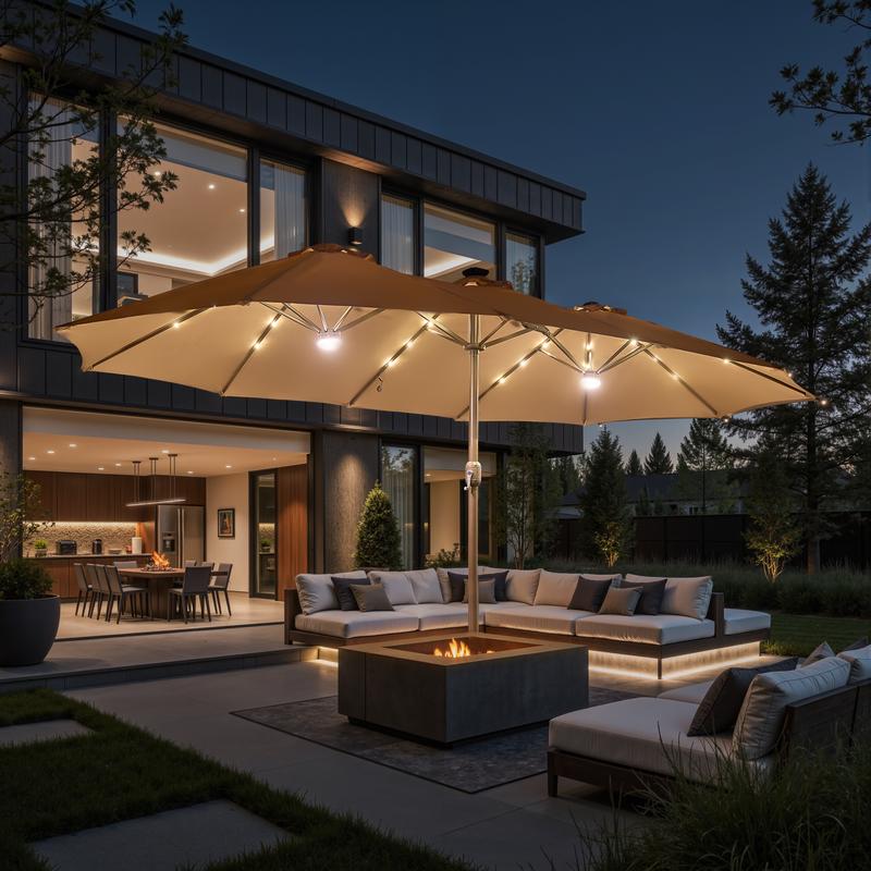 【Rainbow Lighted Umbrella & Table】Ovios 15ft Double-Sided Patio Umbrella with Solar Lights & Umbrella Hold Table, Outdoor Large Umbrellas with Crank Handle and 36 LED Lights, Rectangular Market Umbrella with Base Included for Deck Pool Shade