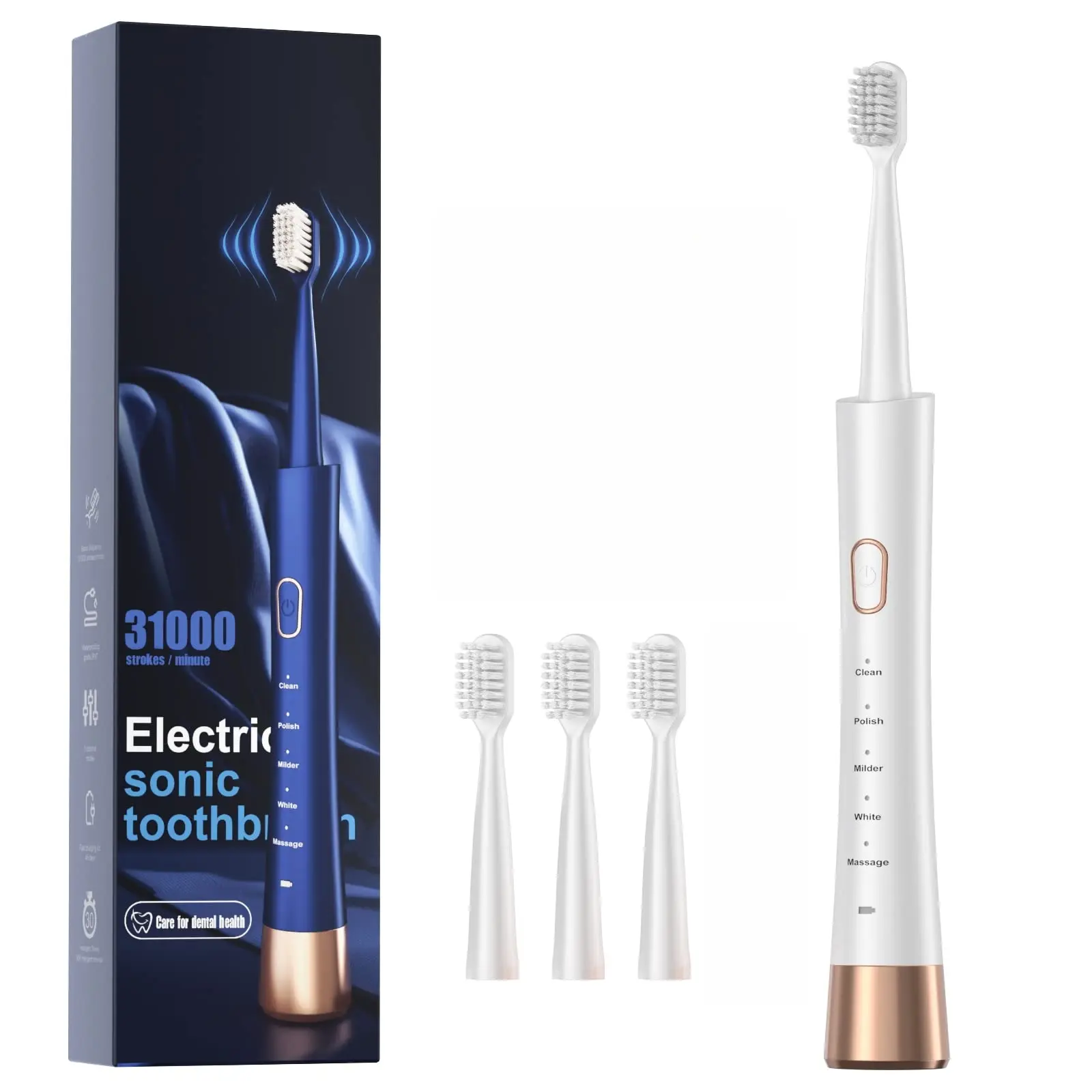 Sonic Whitening Oral Electric Toothbrush - 3 Brush Heads, 31000 Vibrations, Wireless Cordless Charging, Lightweight, Waterproof, Sensitive-Friendly, Ergonomic, Timer-Equipped, Rechargeable, Customized Brushing Experience, 31,000 Vibrations