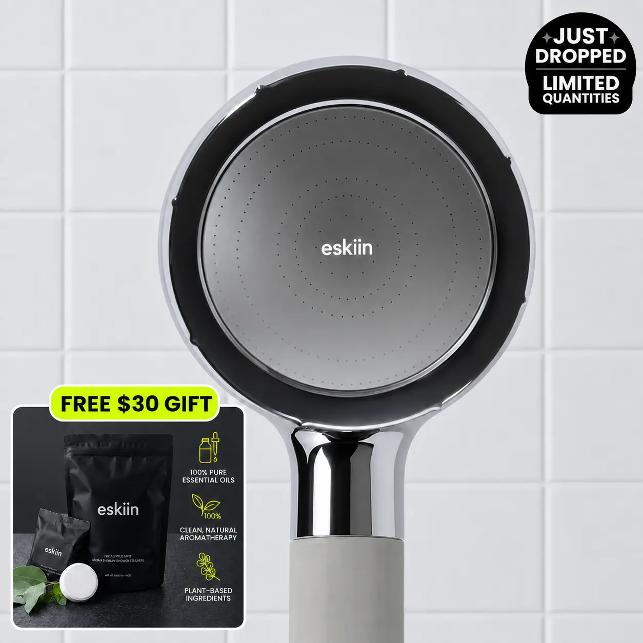 eskiin Chrome High-Pressure Filtered Handheld Shower Wand - Chlorine-Reduced, Helps Reduce Chlorine/Cuts Heavy Metals, Easy to Attach to Shower Arm or Hose, Free Steamers, Hair Loss Support, Bathing Upgrade, Modern Bathroom Fixture