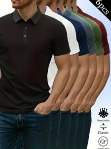 Set of 6 men’s short-sleeve polo shirts — casual summer golf and weekend-outwear tops made from breathable knit fabric; suitable for casual wear and casual sports.